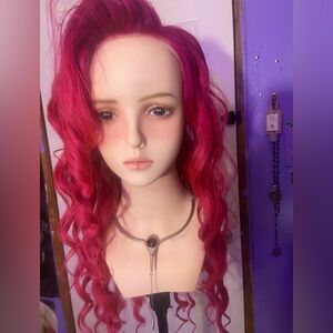 Vibrant Pink Ombré Curly Human Hair lace front Wig with Bleached Knots